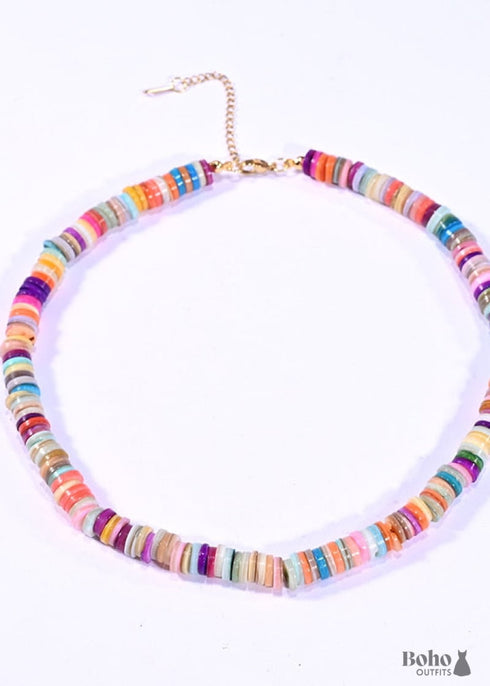Boho Necklace, Seed Bead Choker, Colorful Shell
